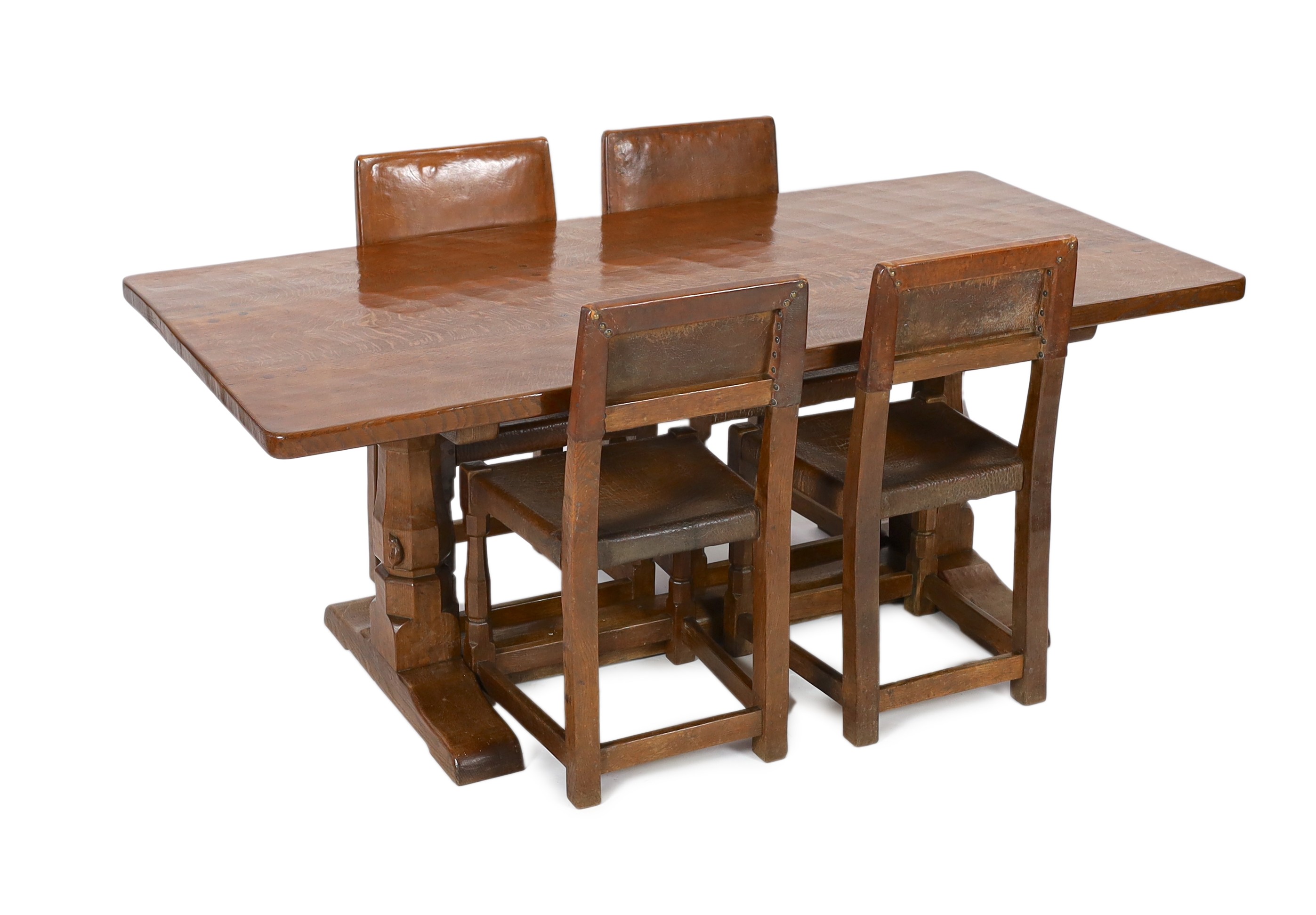 Robert Thompson of Kilburn. A Mouseman oak refectory table and four matching dining chairs, chairs width 44cm depth 47cm height 87cm